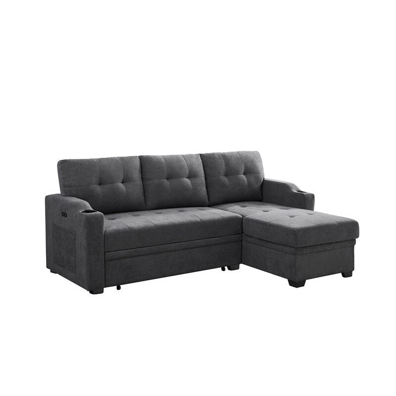 L-Shaped Dark Gray Woven Fabric Sleeper Sofa with Cup Holders, USB Charging Ports, and Pockets