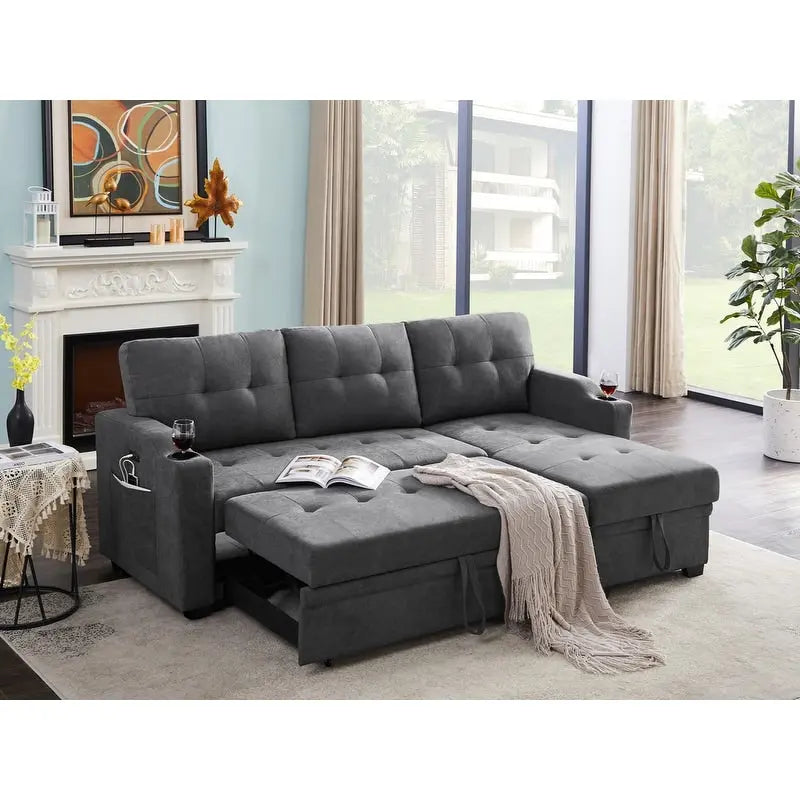 L-Shaped Dark Gray Woven Fabric Sleeper Sofa with Cup Holders, USB Charging Ports, and Pockets