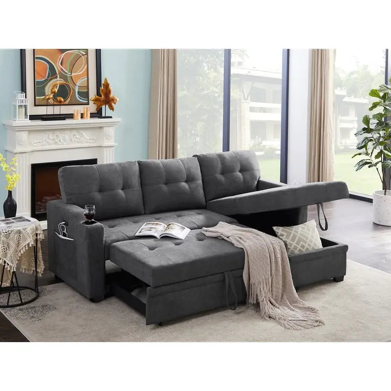 L-Shaped Dark Gray Woven Fabric Sleeper Sofa with Cup Holders, USB Charging Ports, and Pockets